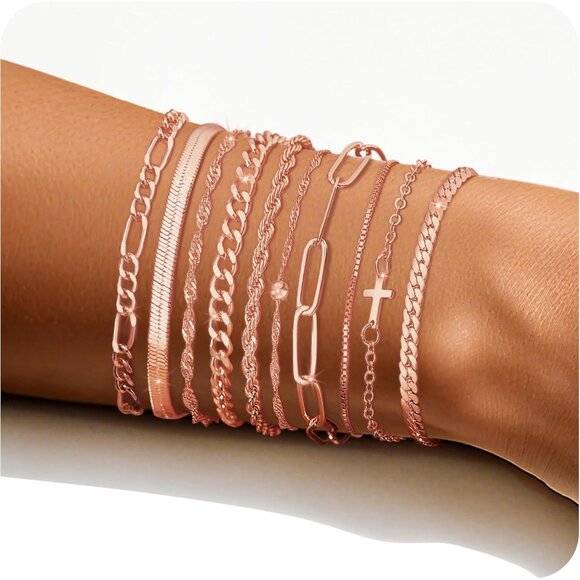Gold Women’s Stack Bracelets Set 10 Pcs Rose Gold Chain & Paper Clip Jewelry - Picture 4 of 7